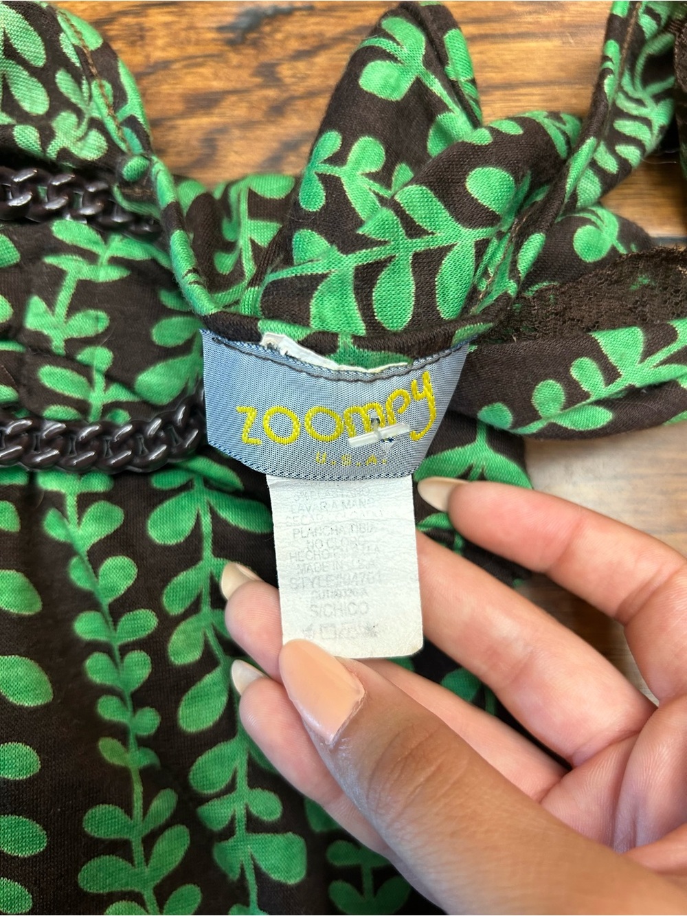 Earthy jungle core Y2K boho Midi Dark brown Dress with Green Leaf Pattern - Picture 4 of 6